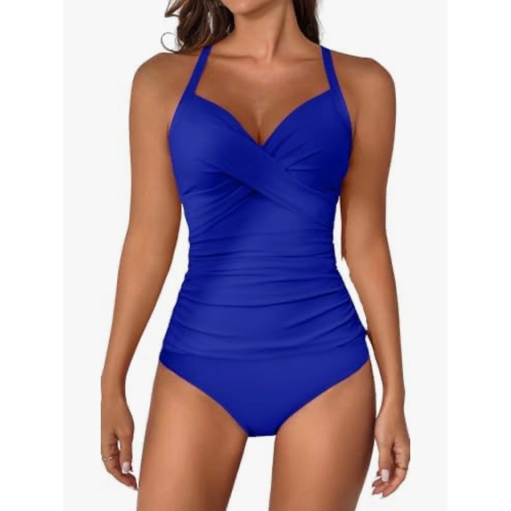 B2prity Women's Ruched Tankini‎ Suimsuits V Neck Wrap Tie Back Two Blue size XL - Picture 5 of 12